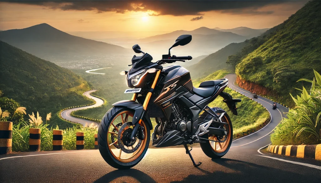 DALL·E 2024-12-04 13.46.54 - A sleek and modern motorcycle showcasing the TVS Apache RTR 160 4V in a scenic mountain road setting. The bike features golden USD forks, sharp LED he