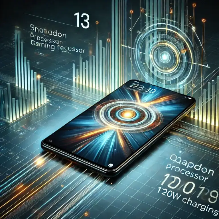 DALL·E 2024-12-07 18.52.24 - A sleek and modern smartphone setup showing a futuristic design representing the iQOO 13, with its performance highlights like 'Snapdragon Processor',